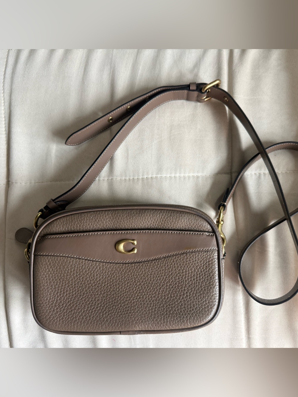 Coach Taupe Pebbled Leather Crossbody with Gold 'C' Accent